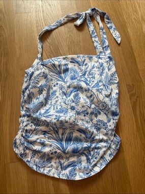 SHEIN Blue and White Floral Halter Tie Tank Top